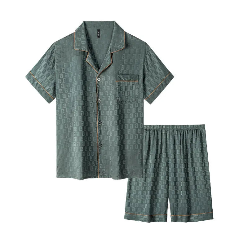 Men's ice silk pyjama set with artificial silk fabric in cardigan style and shorts for summer
