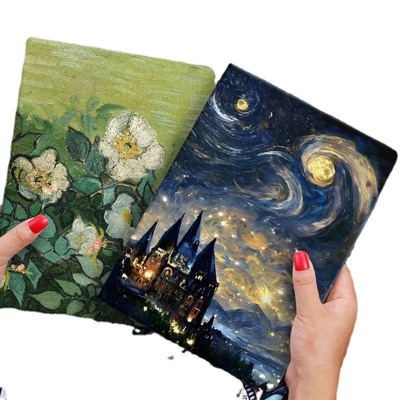 Handmade liquid silicone iPad flip case showing floral artwork design on cover.