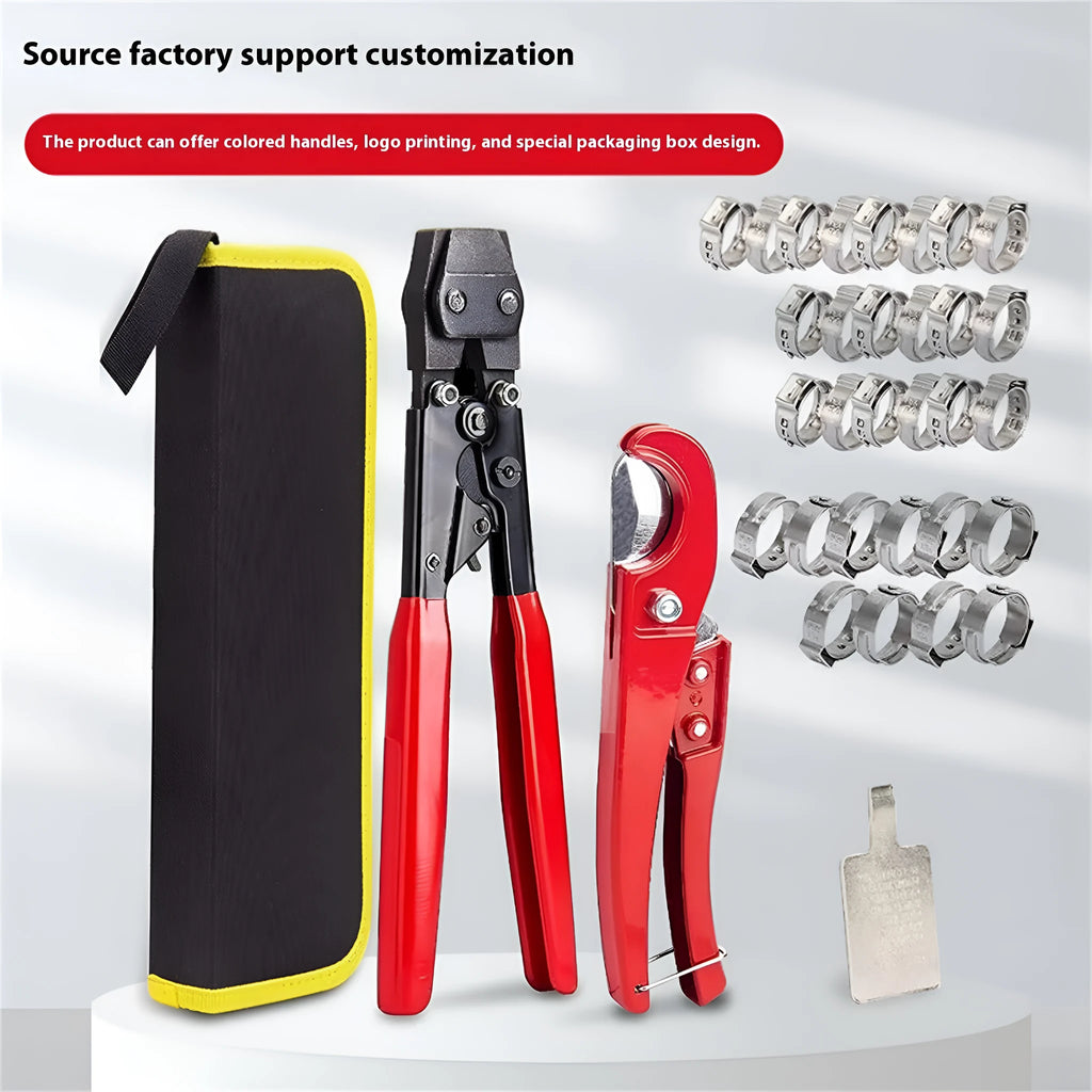 Red cloth single-ear PEX clamp made of metal with a carbon steel cutting edge.