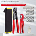 Red cloth single-ear PEX clamp made of metal with a carbon steel cutting edge.