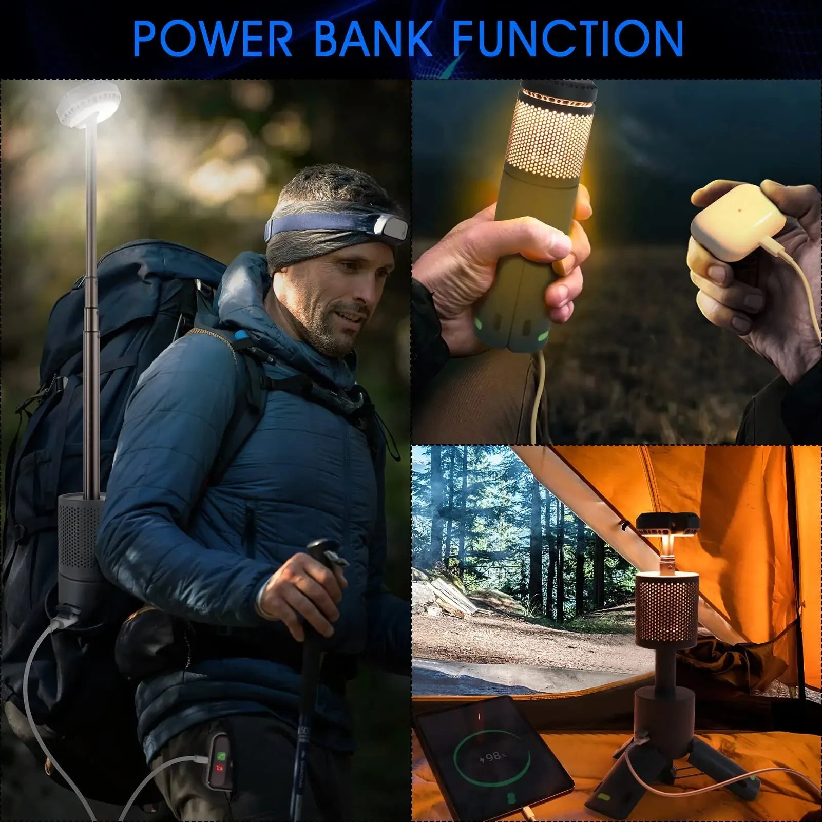 Portable camping LED light with button switch in creamy white and dark grey colour options