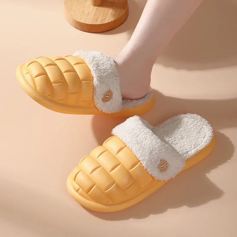 Plaid patterned detachable slippers with a warm plush lining and a textured EVA nonslip sole.