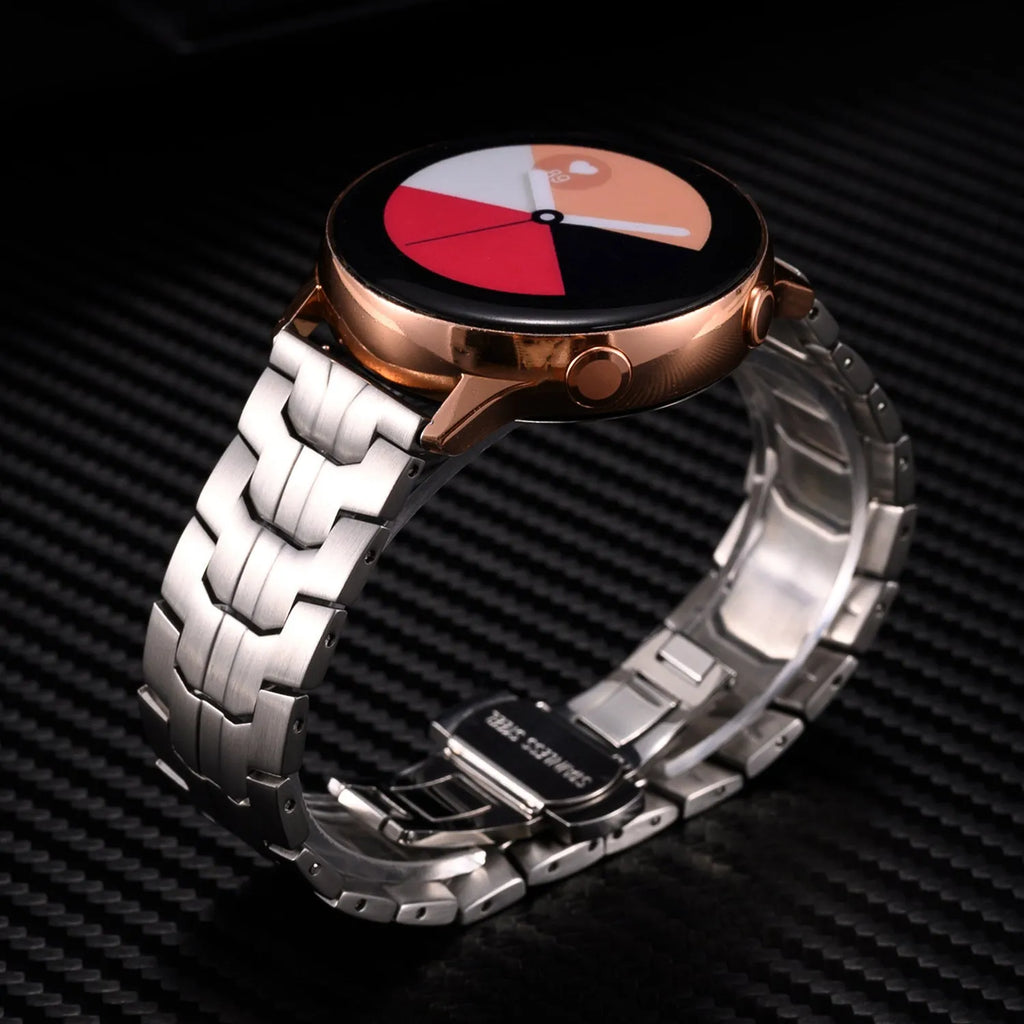 Stainless steel watch strap for Samsung Galaxy Watch in silver and black colour options.