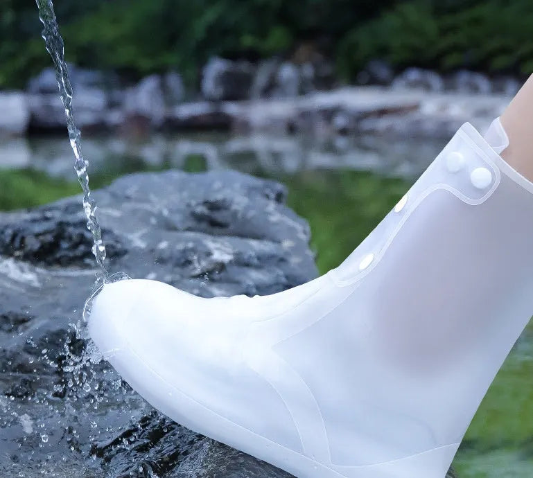 White high-top reusable PVC shoe covers with anti-skid soles for water resistant protection