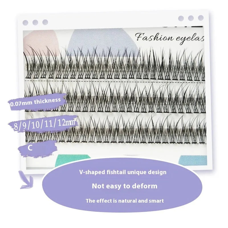 Black V-shaped fairy fishtail false eyelashes showing segmented design in natural long style