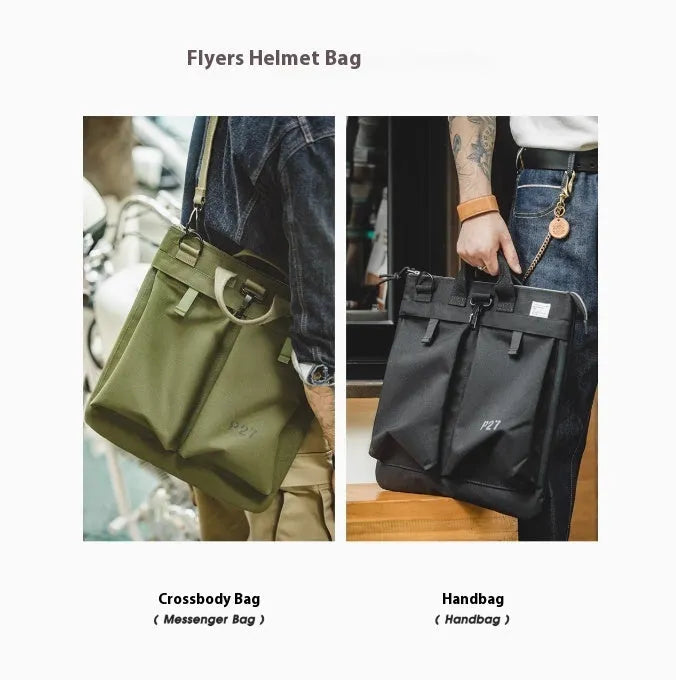 Canvas messenger crossbody bag in charcoal black with shoulder strap and hard handle