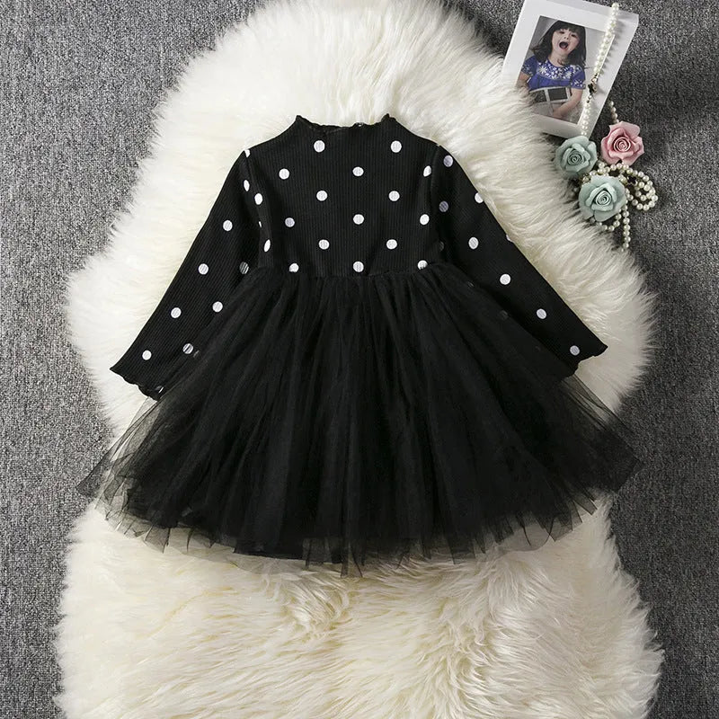 Girls long sleeve black tutu lace dress with lace trim for birthday parties.