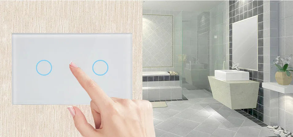 2-gang RF touch light switch with tempered glass panel in white colour showing touch controls