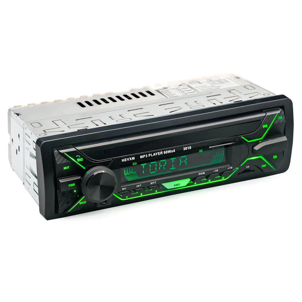 Car radio MP3 player with Bluetooth, USB/TF slots, LCD display, and front panel controls