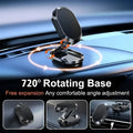 Chrome alloy folding magnetic car phone holder showing extended and folded positions on dashboard