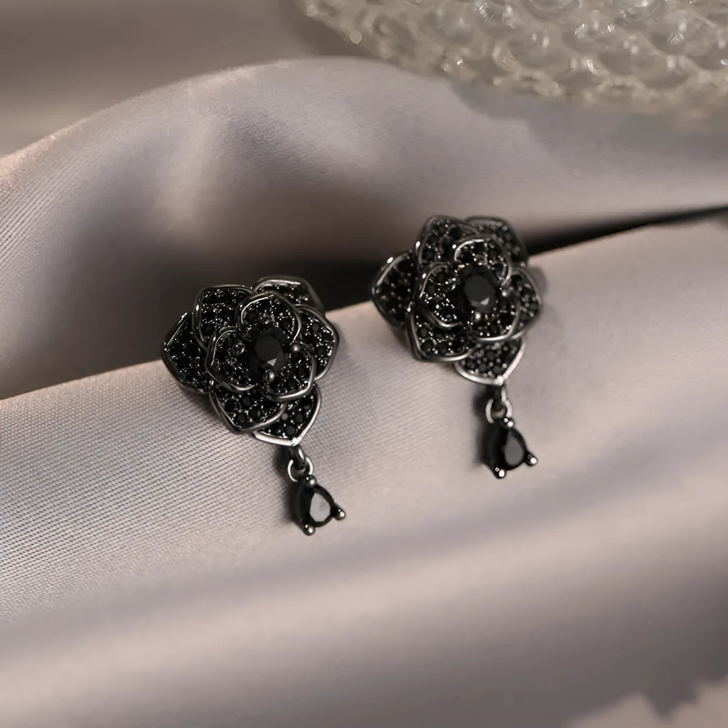 Black rose zircon flower ear studs with gold electroplating for pierced ears