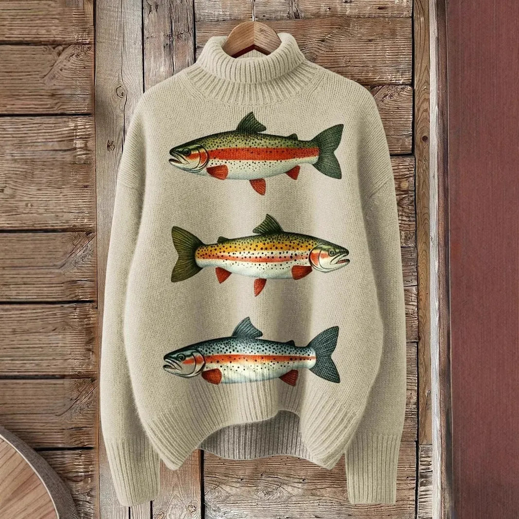 Women's loose-fit Christmas printed turtleneck sweater in macaron colour on a hanger.