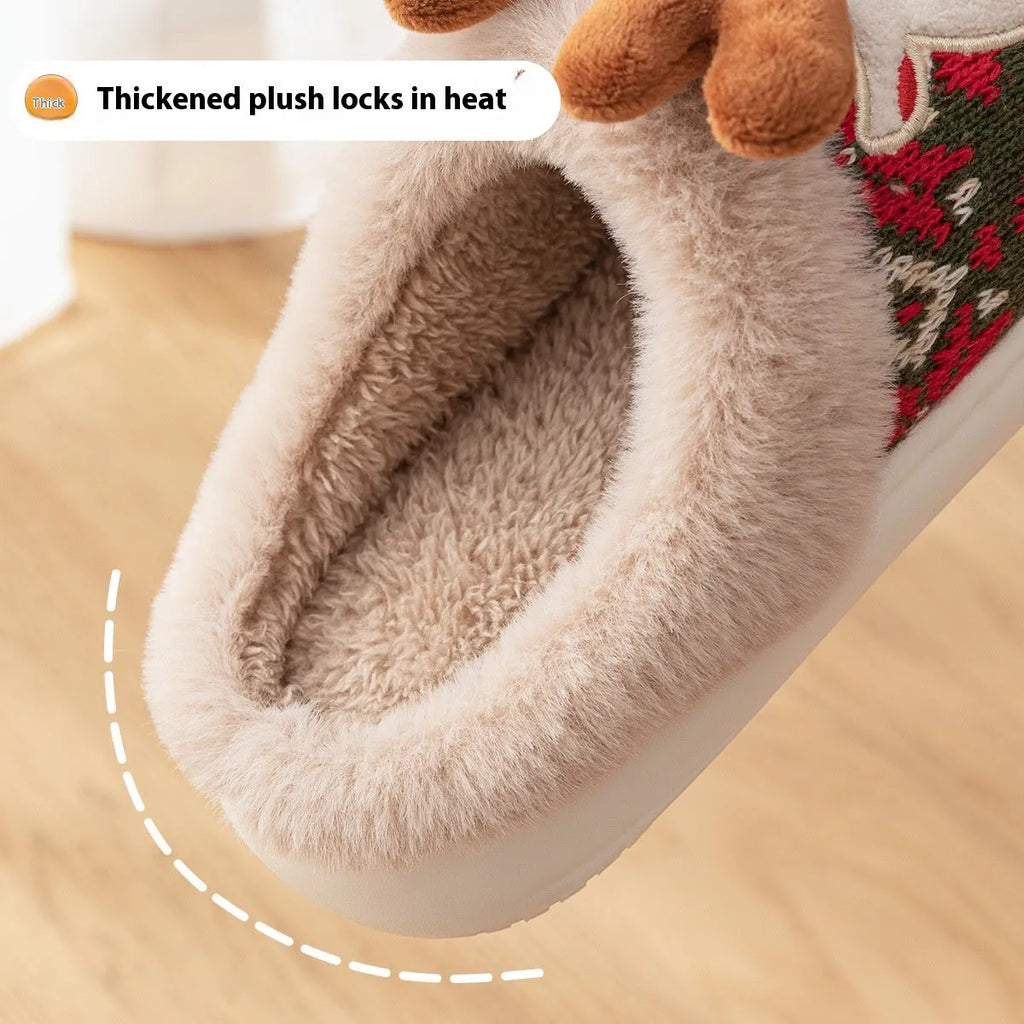 Cute Christmas elk plush slippers in red with colour block embroidery design