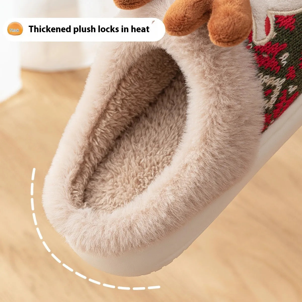 Cute Christmas elk plush slippers in red with colour block embroidery design