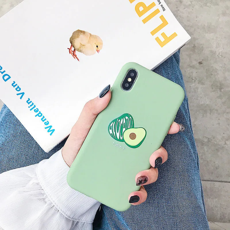 TPU phone case with a green painted cartoon avocado design on the back.