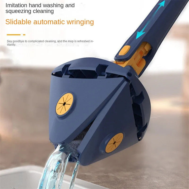 Blue extendable triangle mop with rotating head and adjustable stainless steel pole for corner cleaning