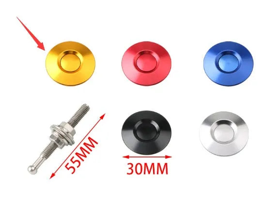 30mm diameter aluminium engine cover lock with a long screw, shown in red, silver, black, gold, and blue colour options.