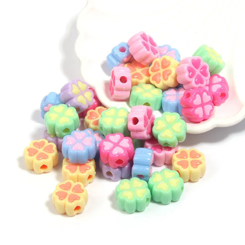 15mm frosted acrylic love clover beads in mixed colours: rose red, pink, yellow, green, blue, purple.