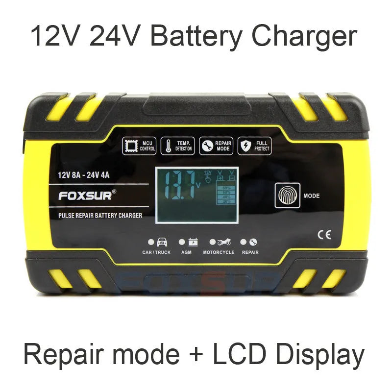 12V 24V dual voltage car battery charger with LCD screen display for motorcycle and truck batteries