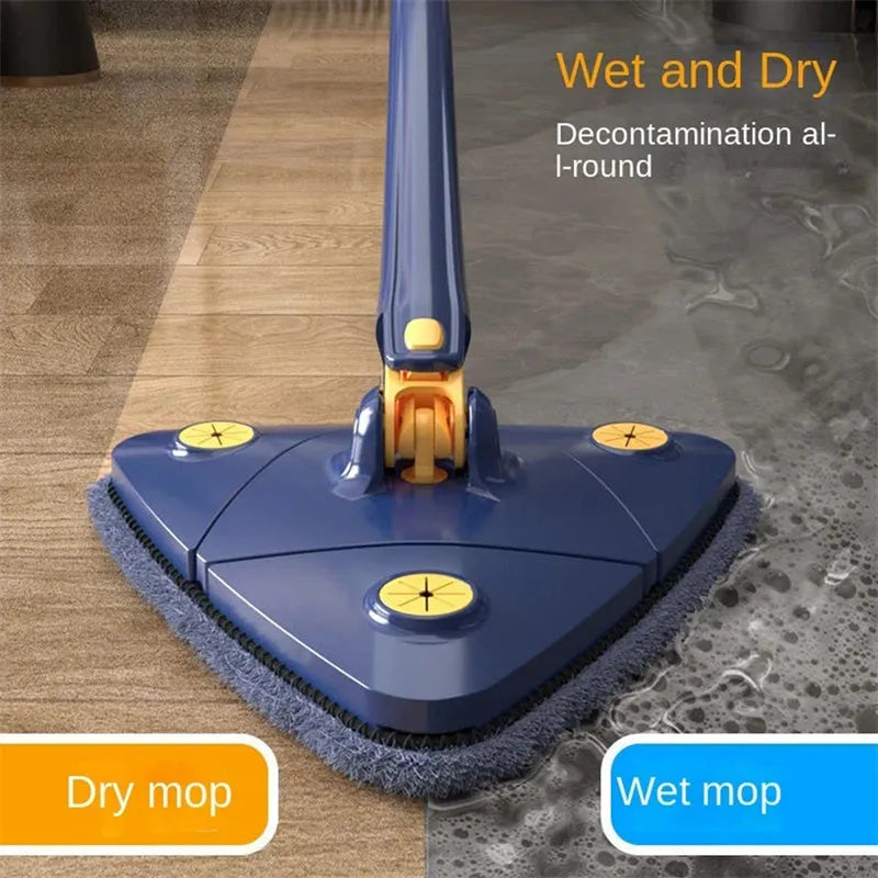 Blue extendable triangle mop with rotating head and adjustable stainless steel pole for corner cleaning