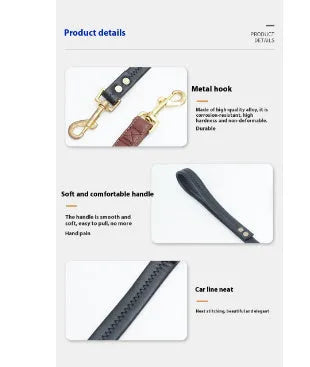 Black PU leather pet traction belt with chain ring in extended position