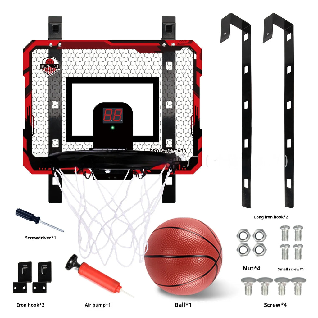 Red foldable basketball frame with suction cup base mounted on door