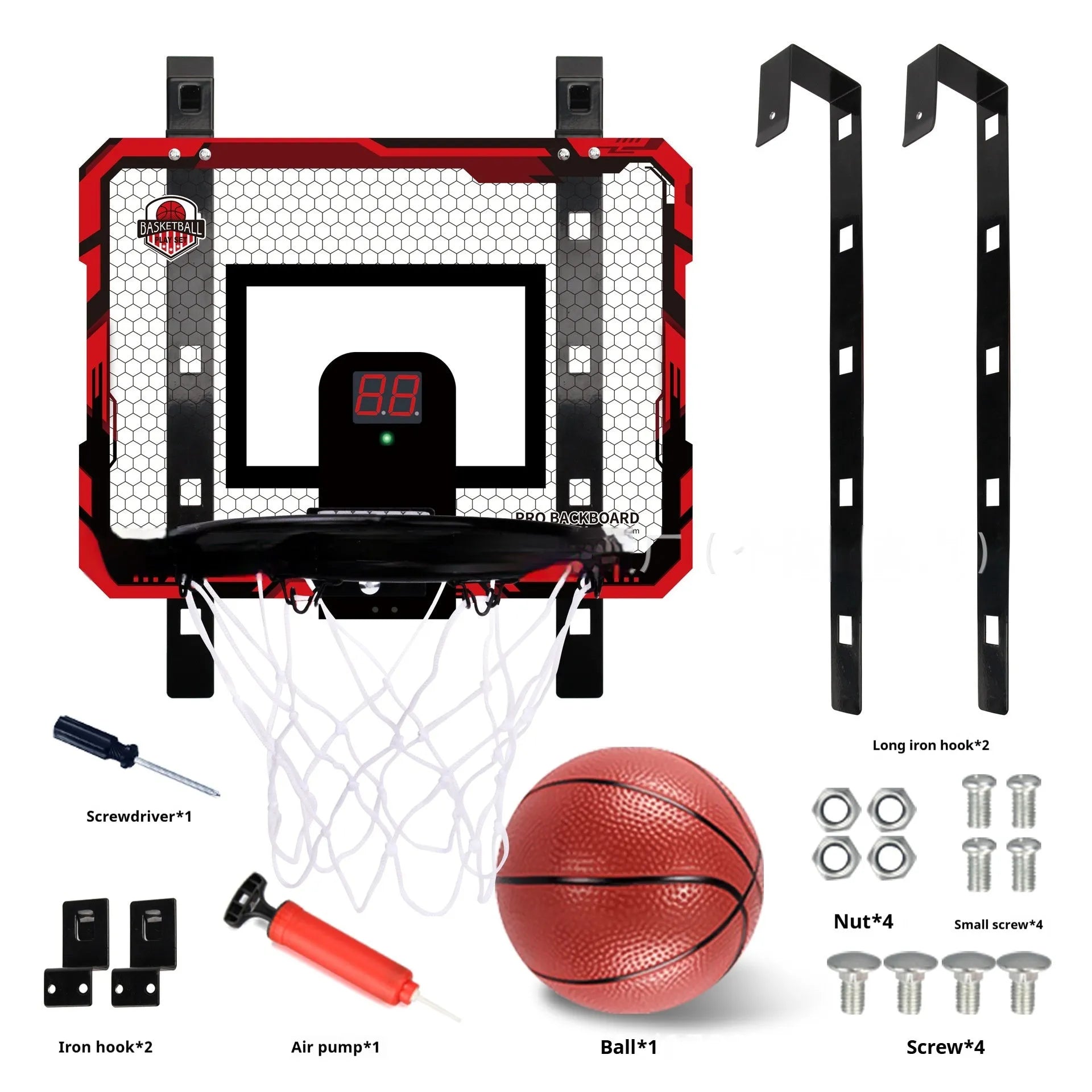 Red foldable basketball frame with suction cup base mounted on door