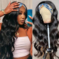 Headband wig shown in long black straight, long black curly, and wine red high temperature fibre hair.