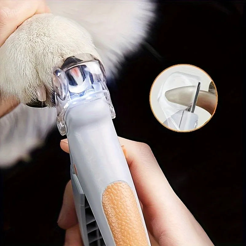 Yellow LED pet nail trimmer with magnifying glass and steel blades for cats and dogs