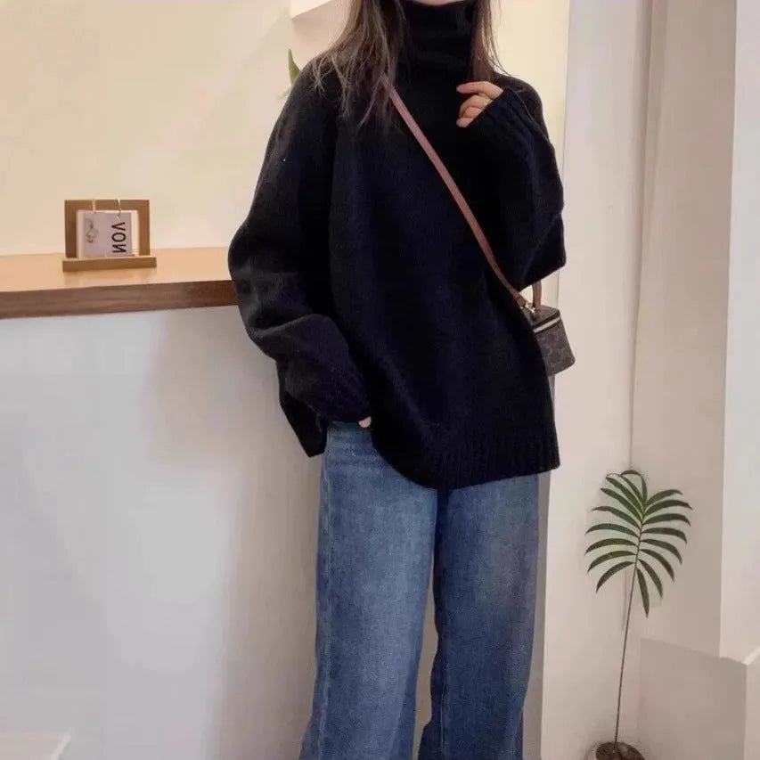 Women's loose thick turtleneck sweater with curling pile collar in red, camel, gray, or black
