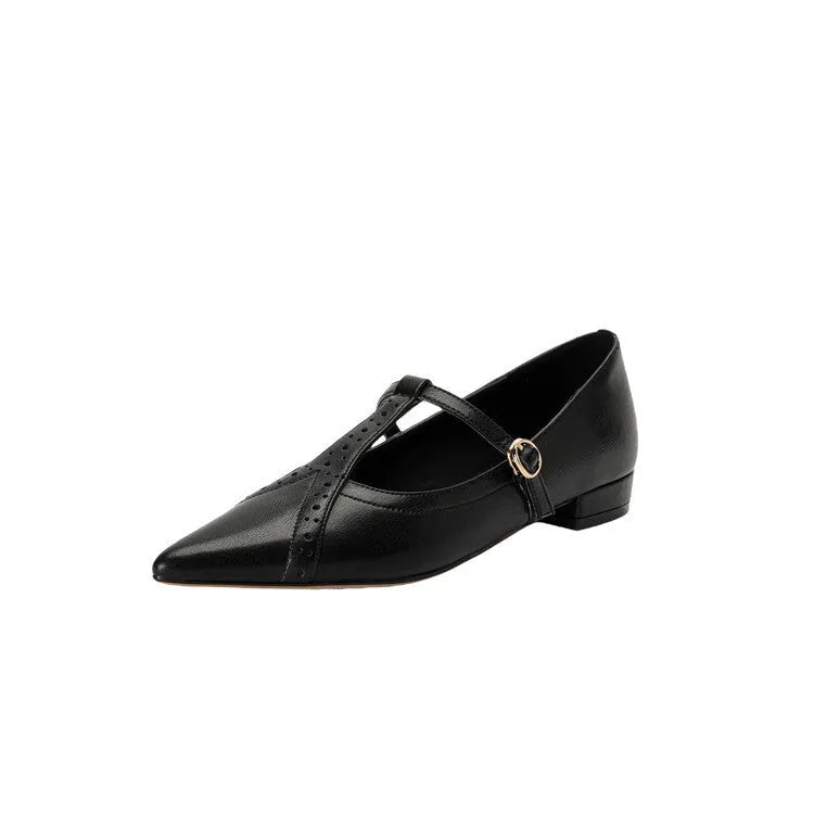 Brown women's cowhide leather low-cut flat shoes with a round toe and soft bottom.