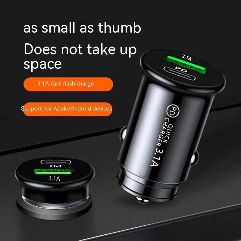 Black and white dual-port car charger with USB-A and USB-C ports for 12V vehicle sockets