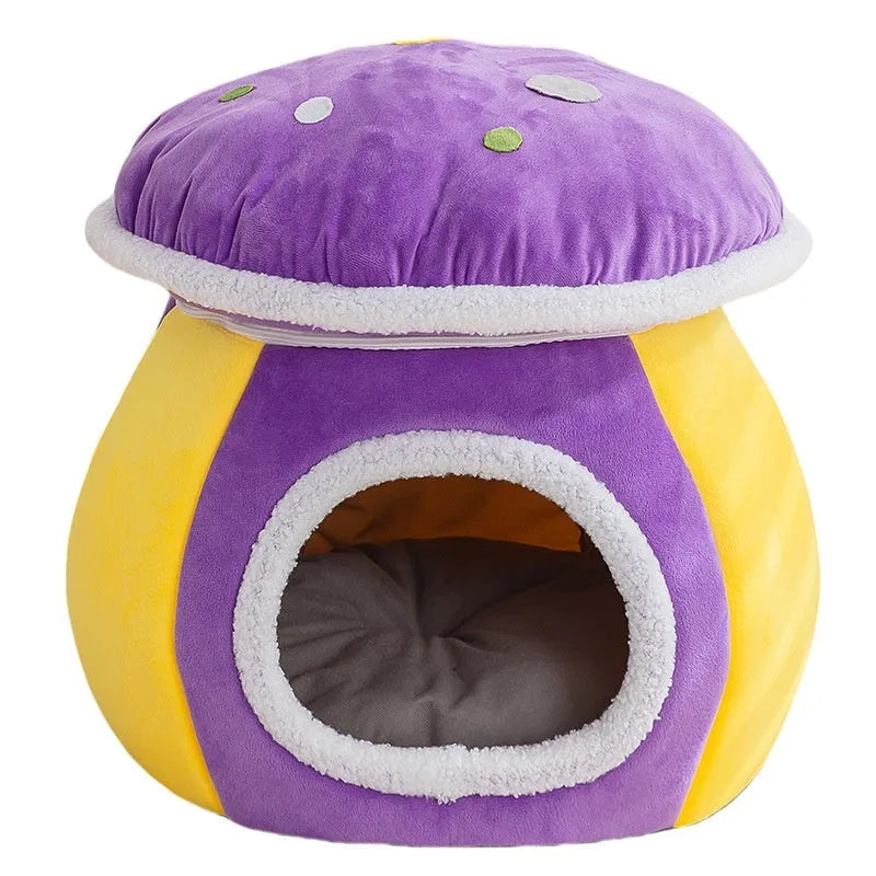 Grey mushroom-shaped plush cat nest with a canopy, shown detached to reveal its warm lining.