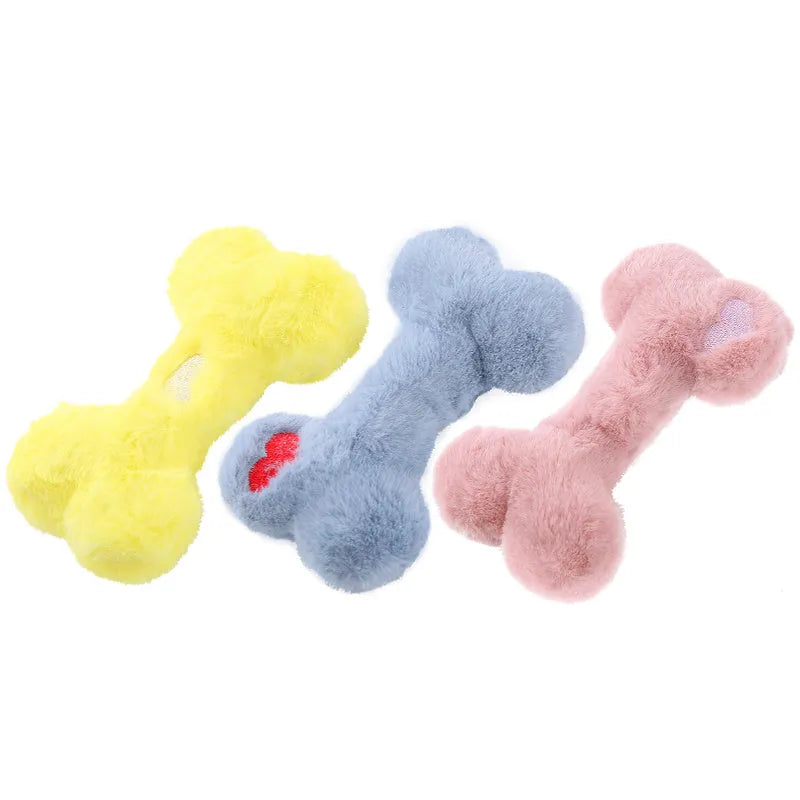 Blue plush bone dog toy with BB sound device for bite-resistant interactive play