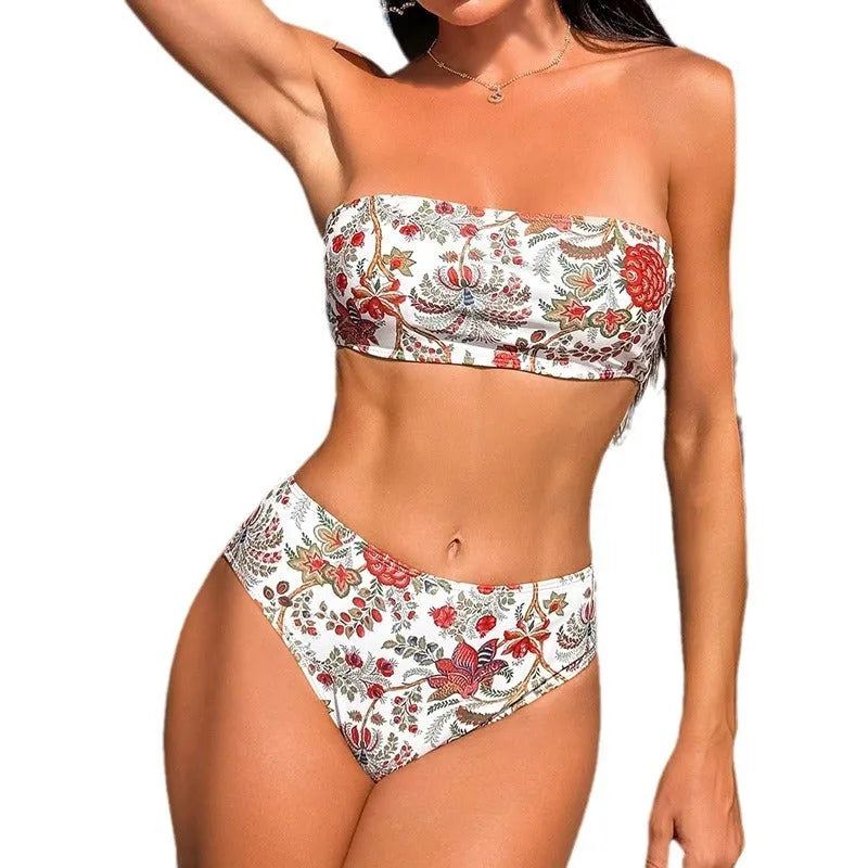 Women's printed bandeau swimsuit with matching triangle shorts on mannequin