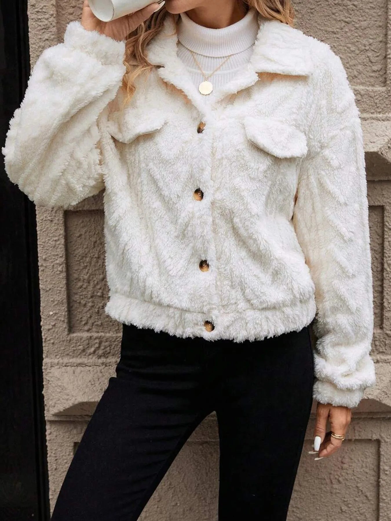 Women's ivory white double-sided plush button cardigan with regular sleeves