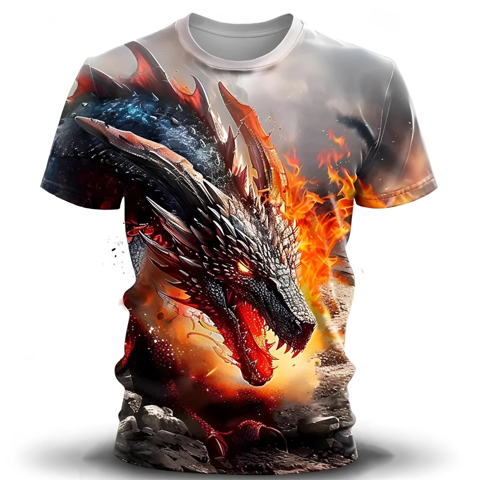 Men's black T-shirt with detailed 3D wind dragon print design on front, short sleeves, thin fabric