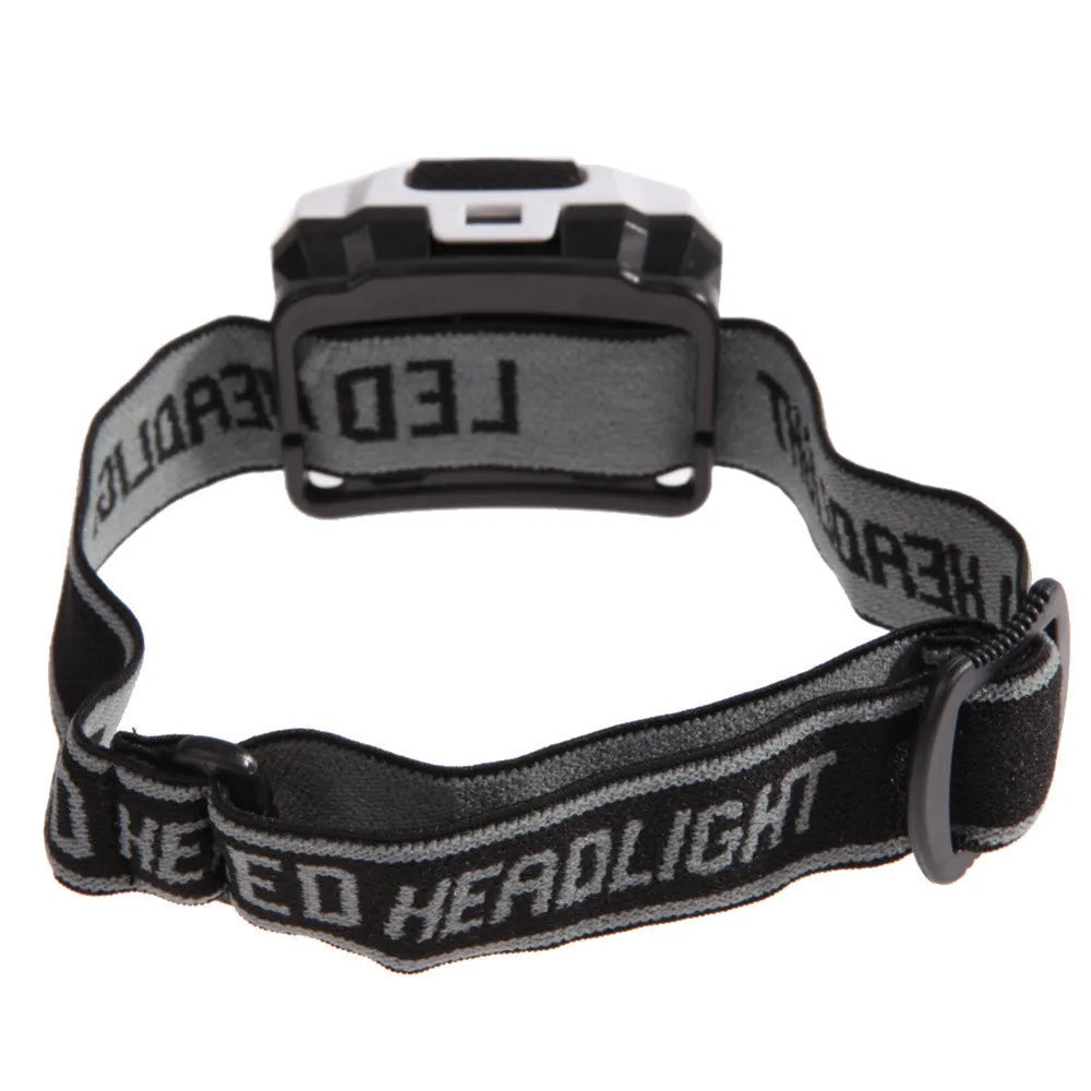 Head torch with adjustable strap showing white and red LED lights, waterproof housing