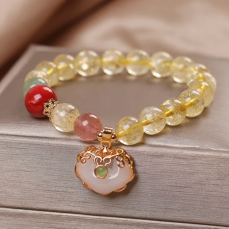 Women's bracelet with natural citrine jade ruyi pendant in yellow hair crystal on alloy chain
