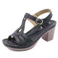 Women's patent leather thick high heel sandals with a round toe and metal buckle closure in apricot colour.