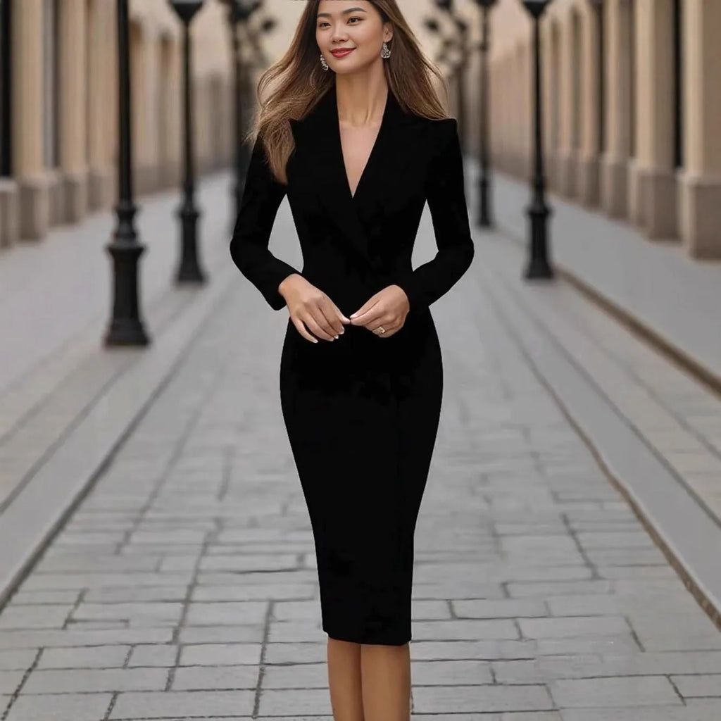 Women's single-breasted long sleeve coat dress in polyester, shown in black, navy, white, and wine red.