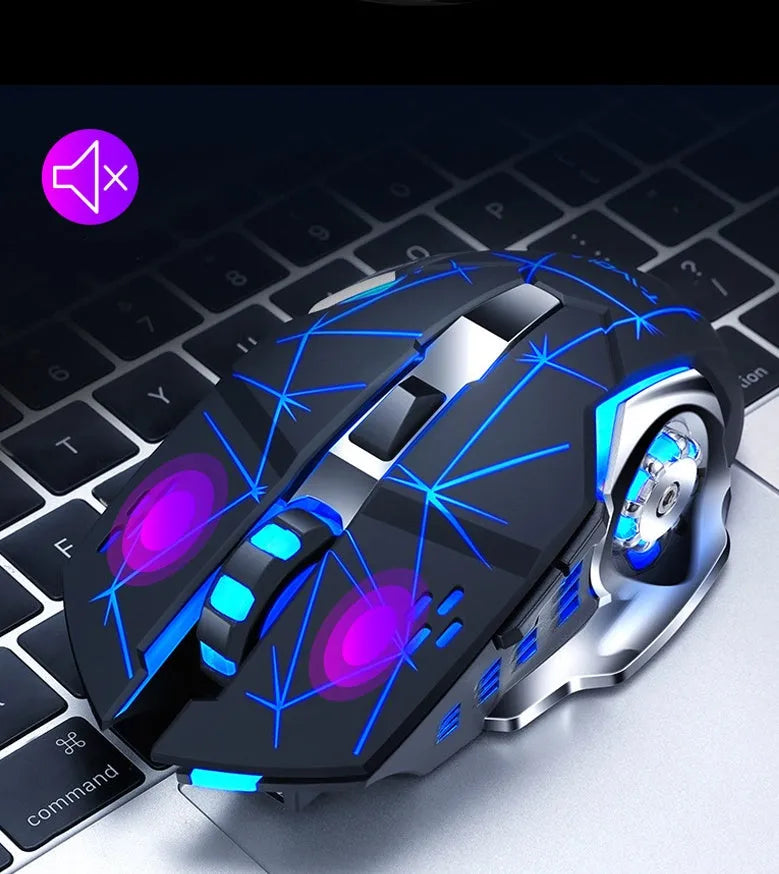 Wireless silent charging mouse in black and white colour options showing six-button layout