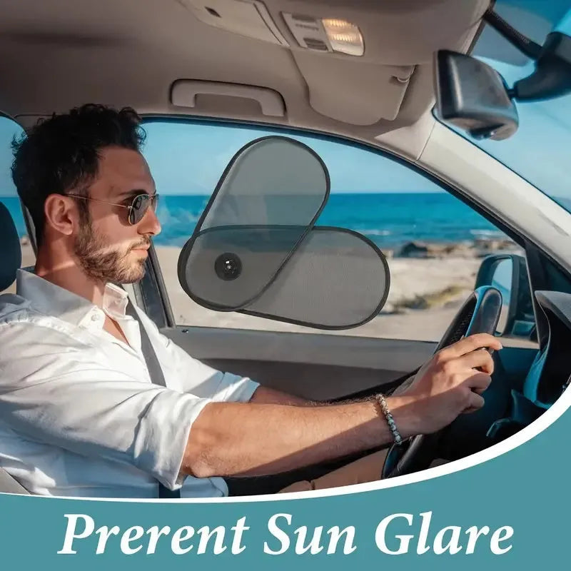 Black breathable car side window shade with suction cups stretched over window