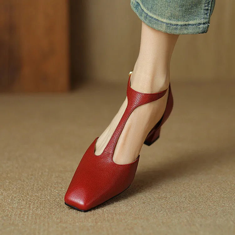 Wine red retro women's shoes with square toe, chunky heel, buckle closure and sewing lines on sheepskin leather.