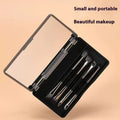 Makeup brush kit with mirror showing eyeshadow brushes with artificial fibre bristles and plastic handles