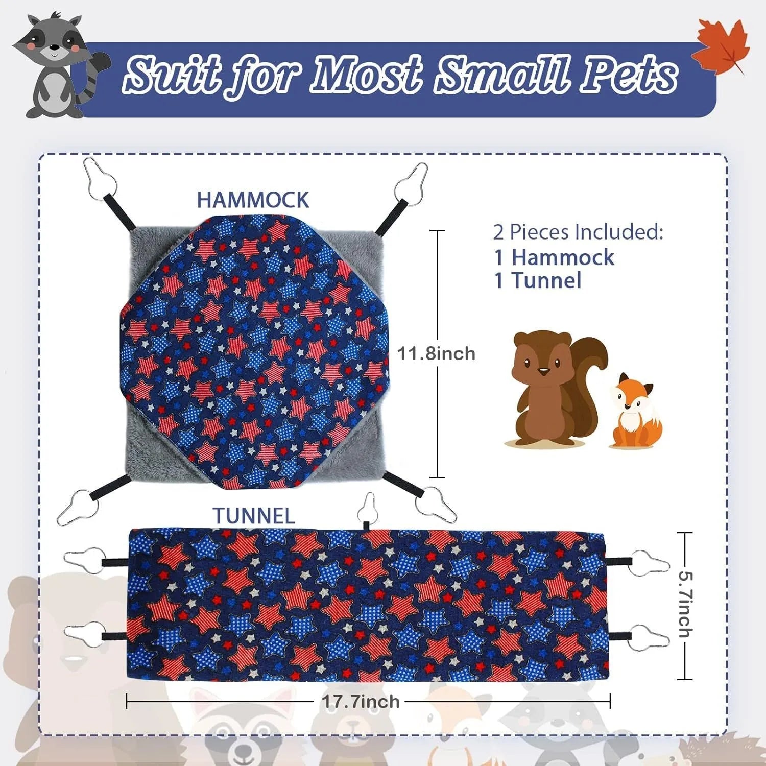 Small pet fabric hammock set with hanging hammock and tubular tunnel for hamsters in yellow heart pattern