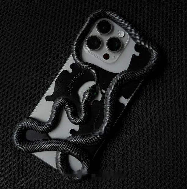 Black tailed snake hollowed decorative phone case for iPhone 16 Pro Max with stone pattern finish