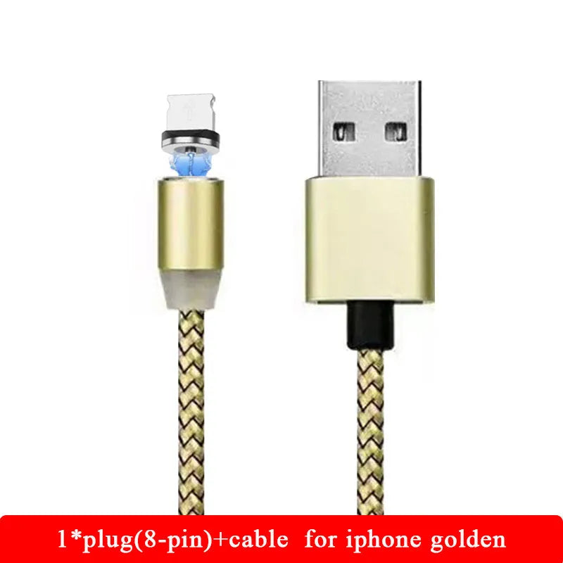 Black braided magnetic USB charging cable with LED light and aluminium connector.