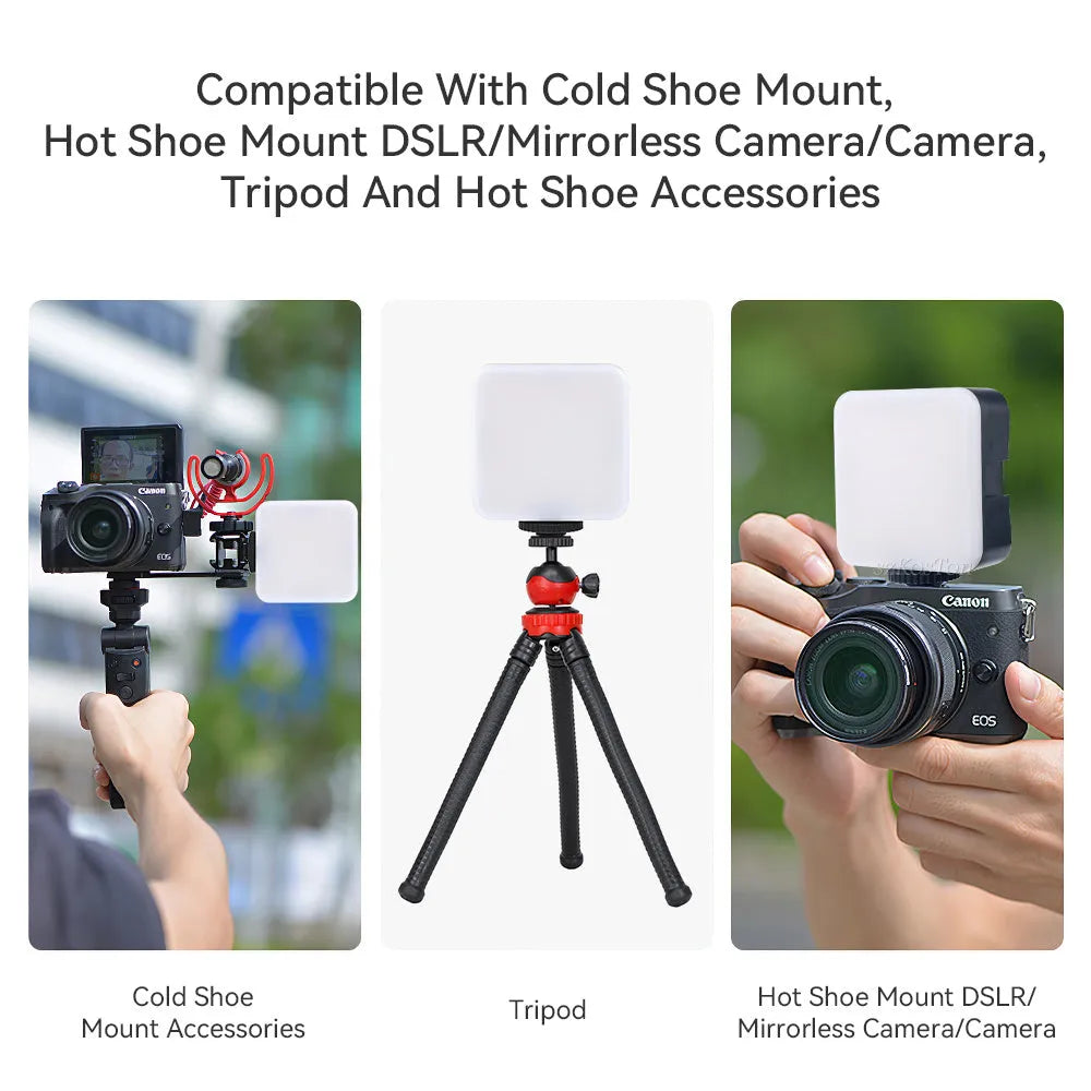LED mini square outdoor camera flash on tripod with universal mount and compact design