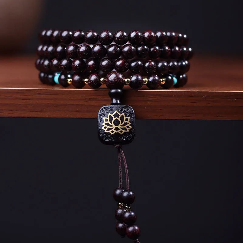 Zambian rosewood Buddha beads bracelet with flat lotus pendant, 108 beads, 0.6 cm size.